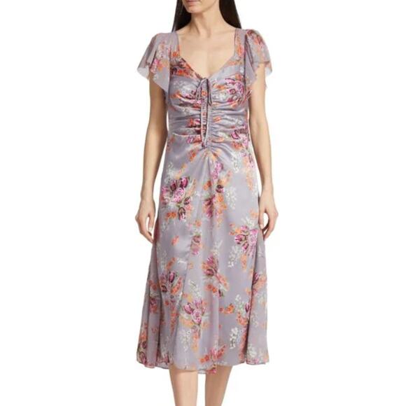Sz 8 Cinq à Sept Terrence Satin Floral Midi Dress Cocktail Wedding Guest Romance - Picture 1 of 11